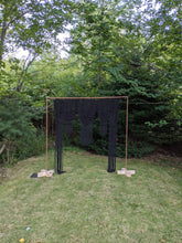 Load image into Gallery viewer, Black Macrame Wedding Backdrop // Macrame Ceremony Arch String Theories Fiber Design