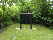 Load image into Gallery viewer, Black Macrame Wedding Backdrop // Macrame Ceremony Arch String Theories Fiber Design