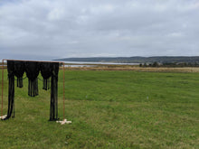 Load image into Gallery viewer, Black Macrame Wedding Backdrop // Macrame Ceremony Arch String Theories Fiber Design