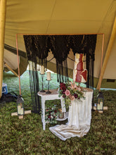 Load image into Gallery viewer, Black Macrame Wedding Backdrop // Macrame Ceremony Arch String Theories Fiber Design