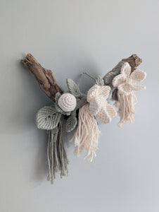 Macrame Boho Mini Floral Wall Hanging Sculpture - Cream & Sage