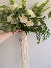 Load image into Gallery viewer, Macrame Wedding Bouquet Wrap in Cream String Theories Fiber Design
