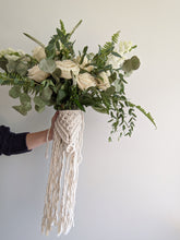 Load image into Gallery viewer, Macrame Wedding Bouquet Wrap in Bright White String Theories Fiber Design