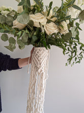Load image into Gallery viewer, Macrame Wedding Bouquet Wrap in Bright White String Theories Fiber Design