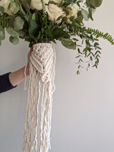 Load image into Gallery viewer, Macrame Wedding Bouquet Wrap in Bright White String Theories Fiber Design