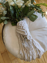 Load image into Gallery viewer, Macrame Wedding Bouquet Wrap in Bright White String Theories Fiber Design