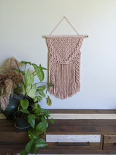 Load image into Gallery viewer, Macrame Pink Lace Wall Hanging on Driftwood String Theories Fiber Design