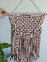 Load image into Gallery viewer, Macrame Pink Lace Wall Hanging on Driftwood String Theories Fiber Design