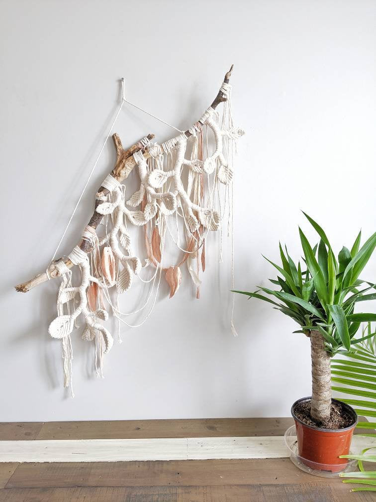 Macrame Wall Hanging Sculpture - Draped Silk - Copper Leaves