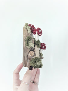Macrame driftwood stump mushrooms and moss