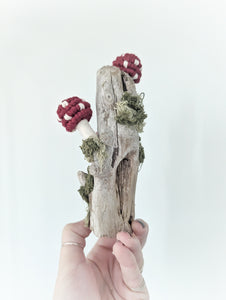Macrame driftwood stump mushrooms and moss