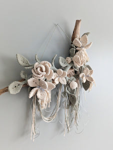 Macrame Boho Floral Wall Hanging Sculpture - Cream & Sage