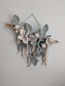 Macrame Boho Floral Wall Hanging Sculpture - Cream & Sage