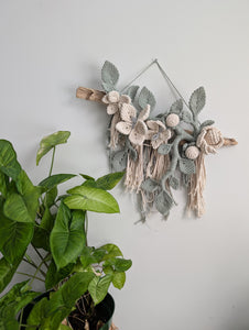 Macrame Boho Floral Wall Hanging Sculpture - Cream & Sage