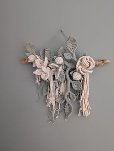 Macrame Boho Floral Wall Hanging Sculpture - Cream & Sage