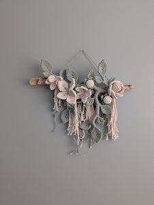 Macrame Boho Floral Wall Hanging Sculpture - Cream & Sage