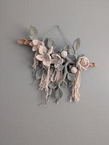 Macrame Boho Floral Wall Hanging Sculpture - Cream & Sage