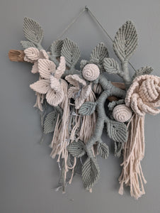 Macrame Boho Floral Wall Hanging Sculpture - Cream & Sage