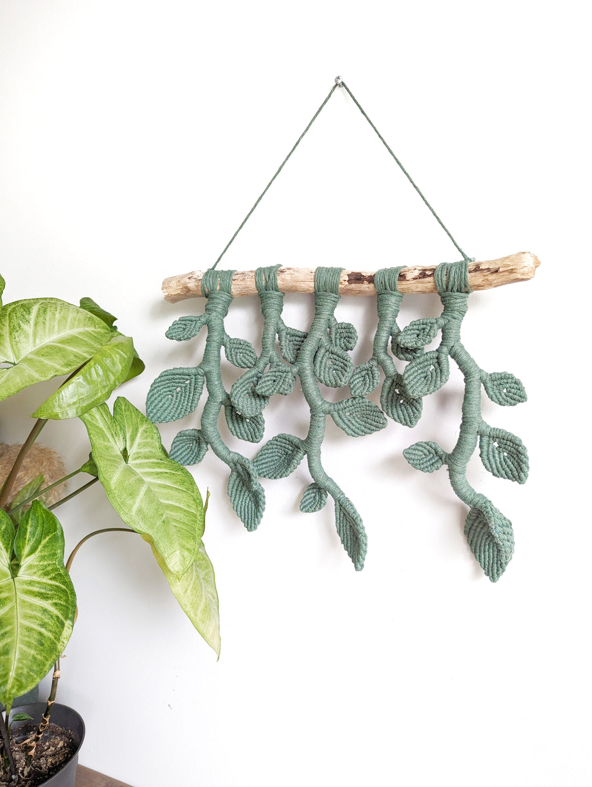 Ivy Green Macrame Wall Hanging - Hanging Vines and Leaves - Sculpture