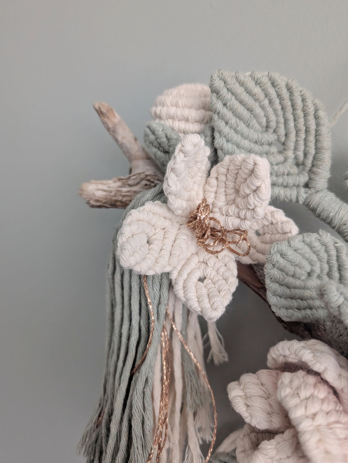 Macrame Boho Floral Wall Hanging Sculpture - Cream & Sage & Rose Gold
