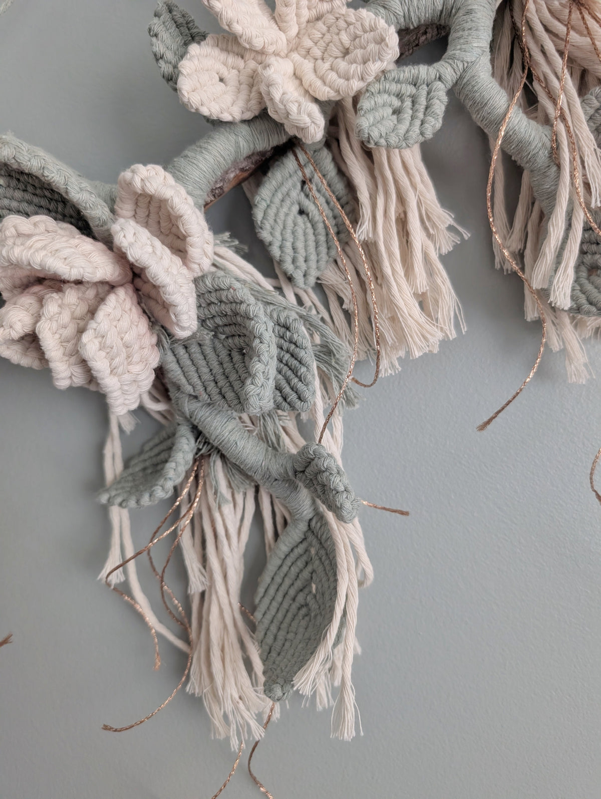 Macrame Boho Floral Wall Hanging Sculpture - Cream & Sage & Rose Gold