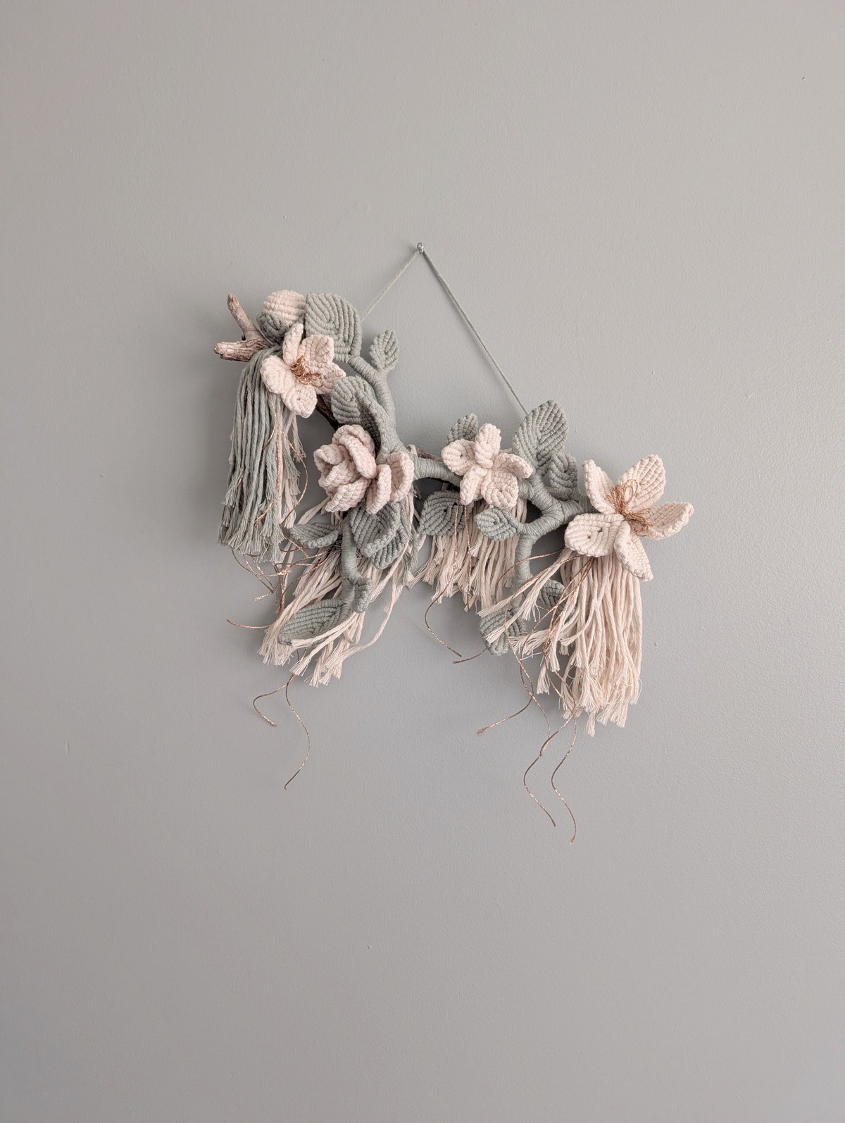Macrame Boho Floral Wall Hanging Sculpture - Cream & Sage & Rose Gold