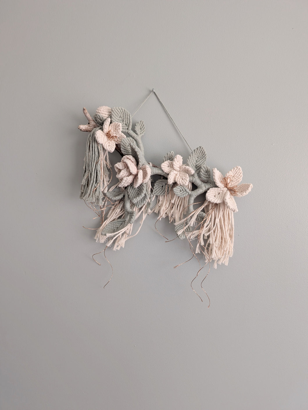 Macrame Boho Floral Wall Hanging Sculpture - Cream & Sage & Rose Gold