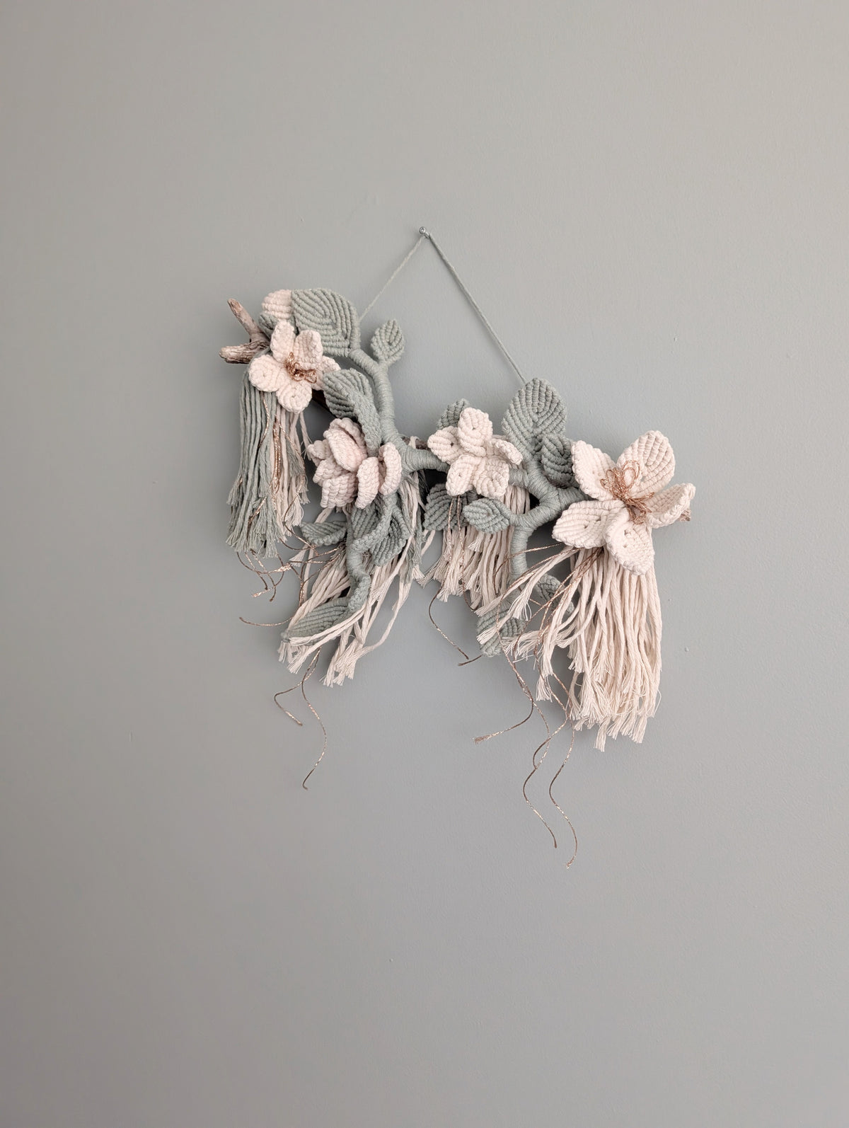 Macrame Boho Floral Wall Hanging Sculpture - Cream & Sage & Rose Gold