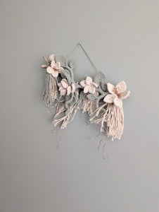 Macrame Boho Floral Wall Hanging Sculpture - Cream & Sage & Rose Gold