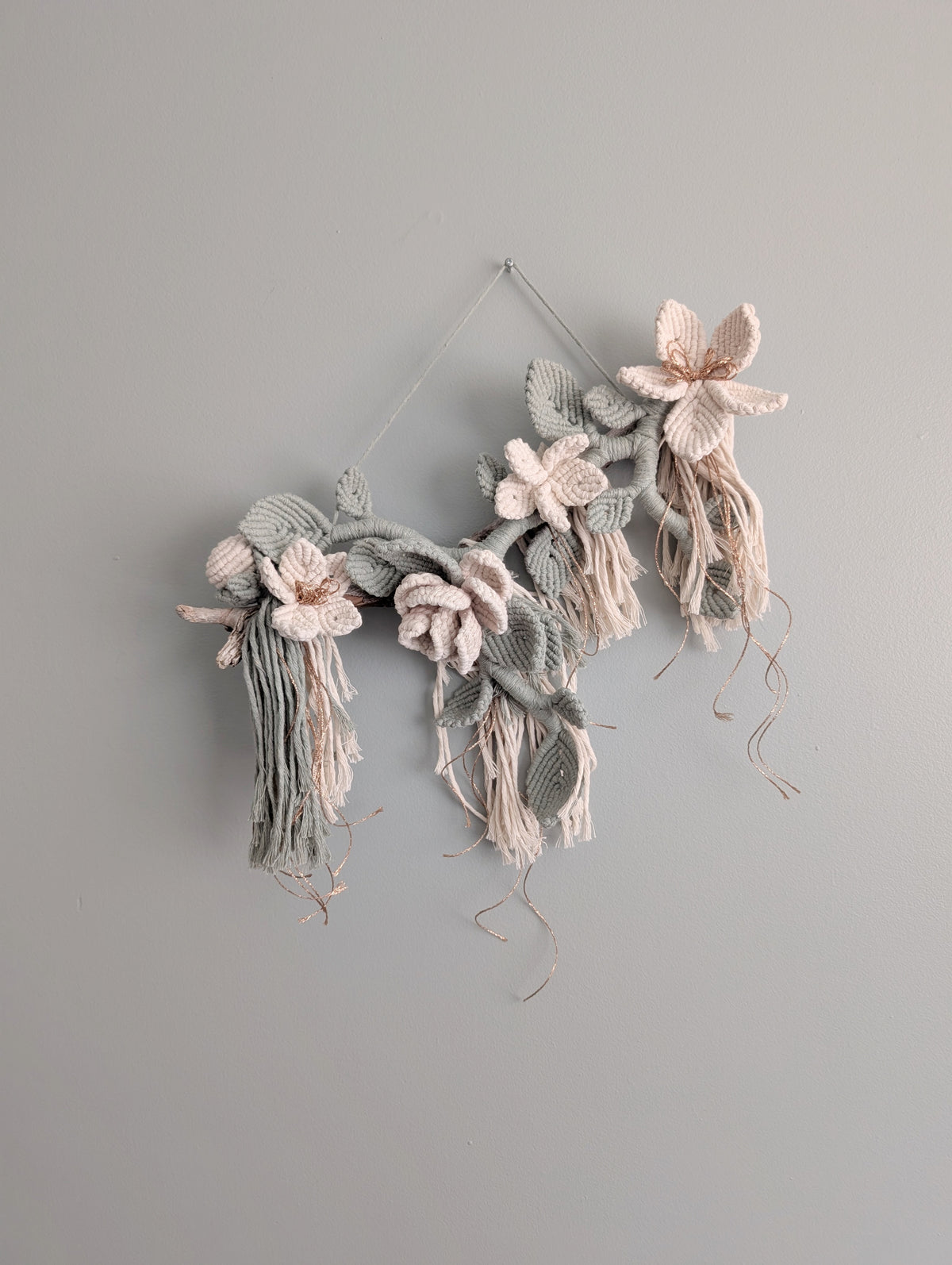 Macrame Boho Floral Wall Hanging Sculpture - Cream & Sage & Rose Gold
