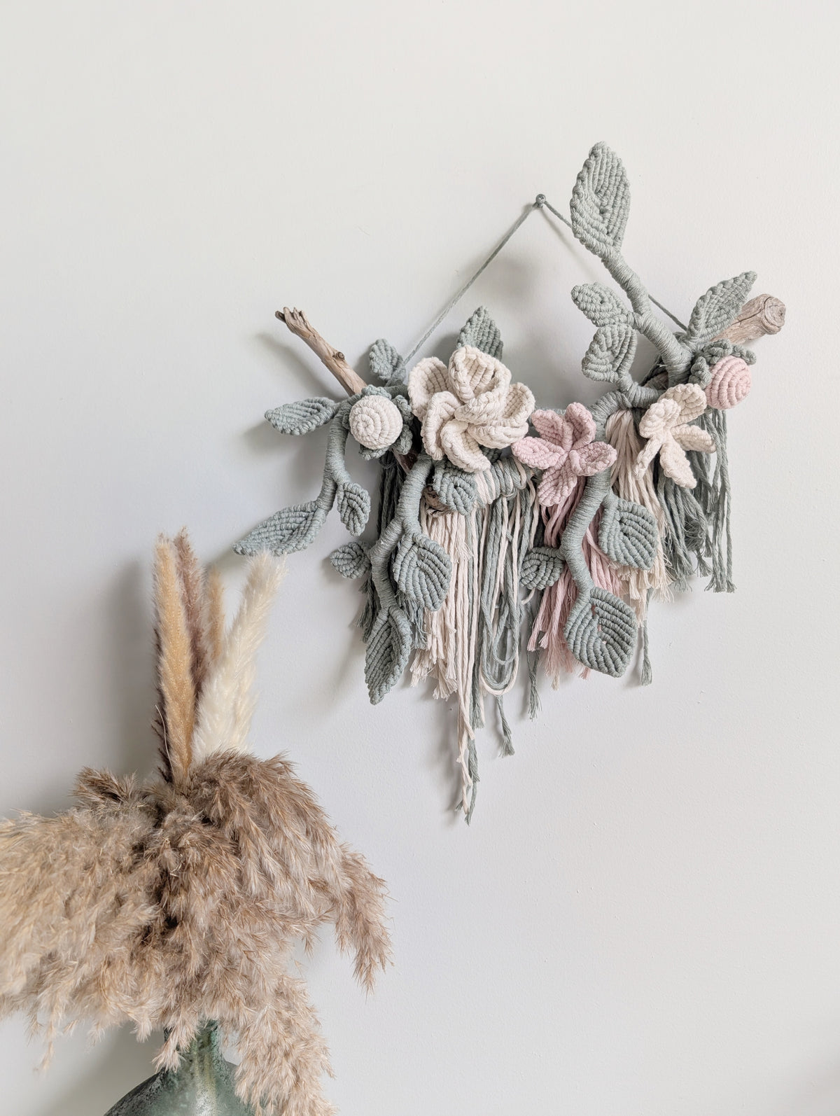 Macrame Boho Floral Wall Hanging Sculpture - Cream, Pink & Sage