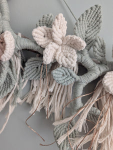 Macrame Boho Floral Wall Hanging Sculpture - Cream & Sage & Rose Gold