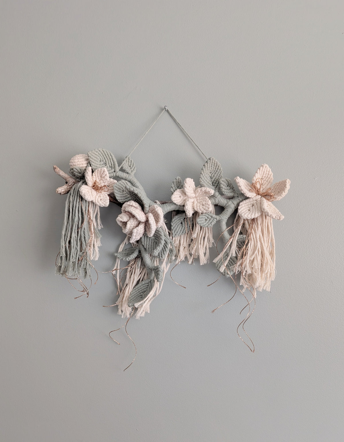 Macrame Boho Floral Wall Hanging Sculpture - Cream & Sage & Rose Gold