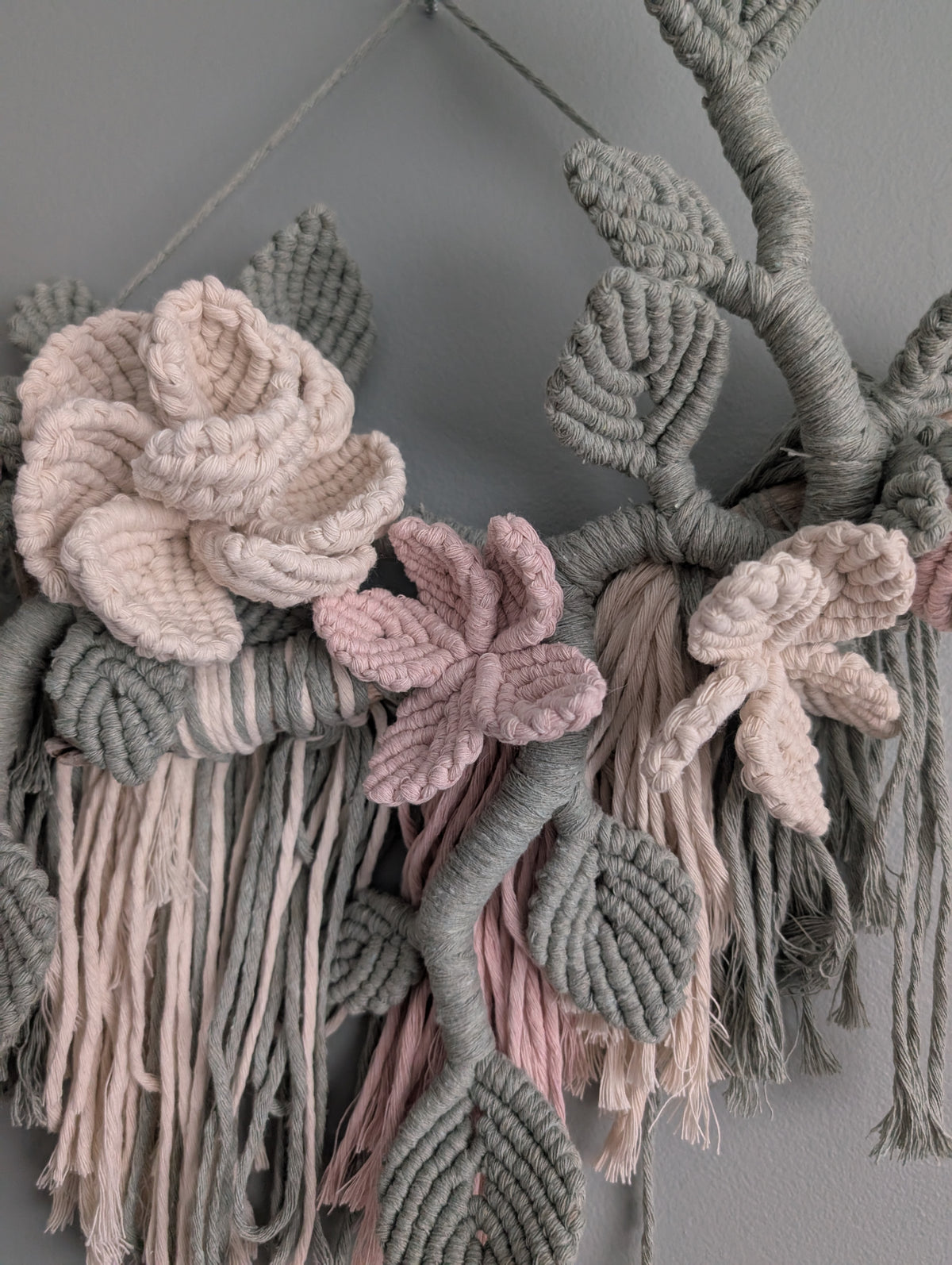 Macrame Boho Floral Wall Hanging Sculpture - Cream, Pink & Sage