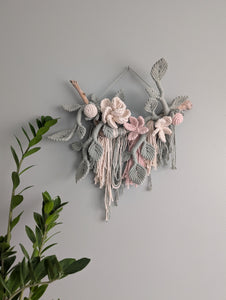 Macrame Boho Floral Wall Hanging Sculpture - Cream, Pink & Sage