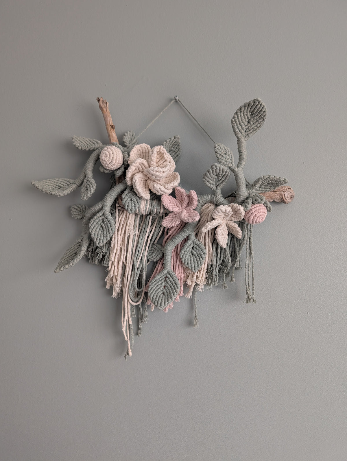 Macrame Boho Floral Wall Hanging Sculpture - Cream, Pink & Sage