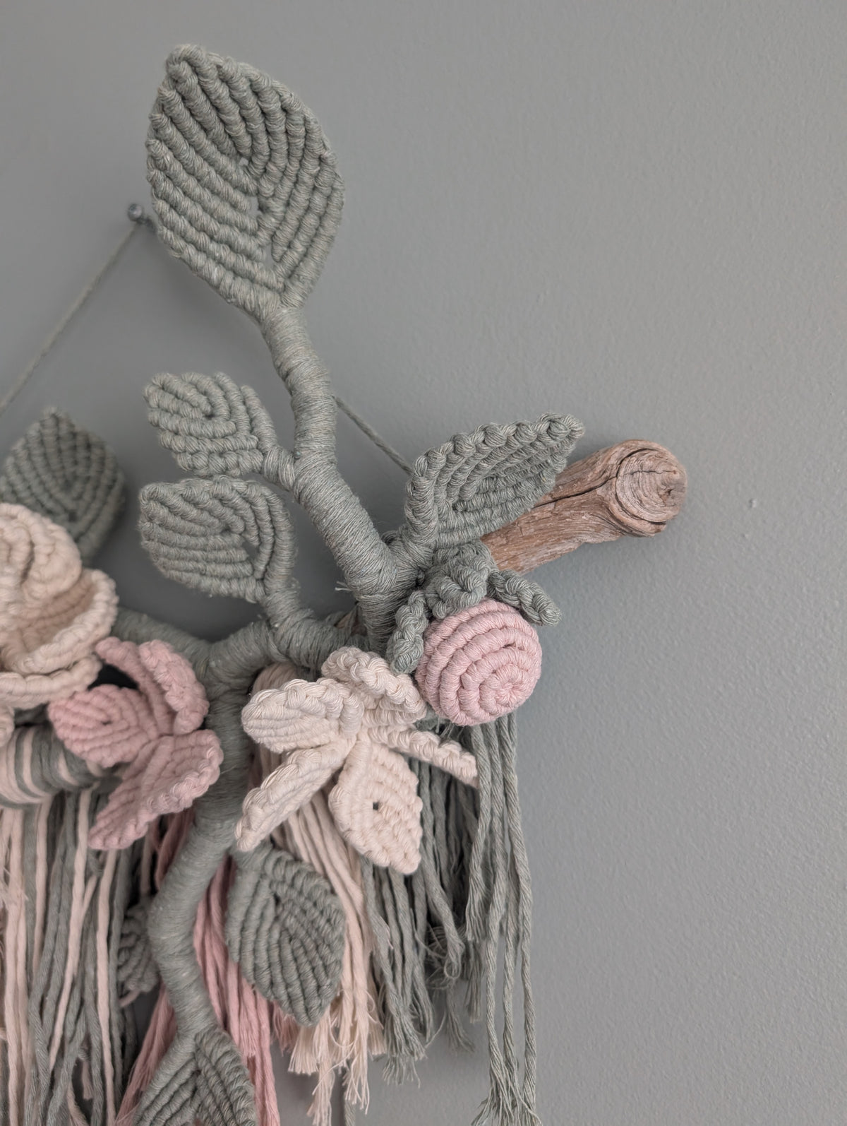 Macrame Boho Floral Wall Hanging Sculpture - Cream, Pink & Sage