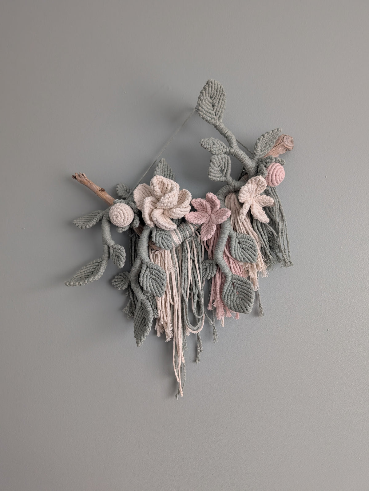 Macrame Boho Floral Wall Hanging Sculpture - Cream, Pink & Sage