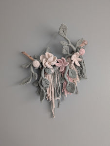 Macrame Boho Floral Wall Hanging Sculpture - Cream, Pink & Sage