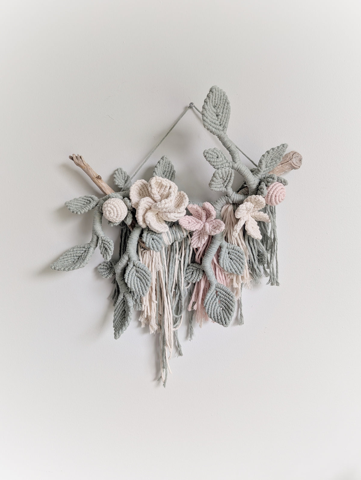 Macrame Boho Floral Wall Hanging Sculpture - Cream, Pink & Sage