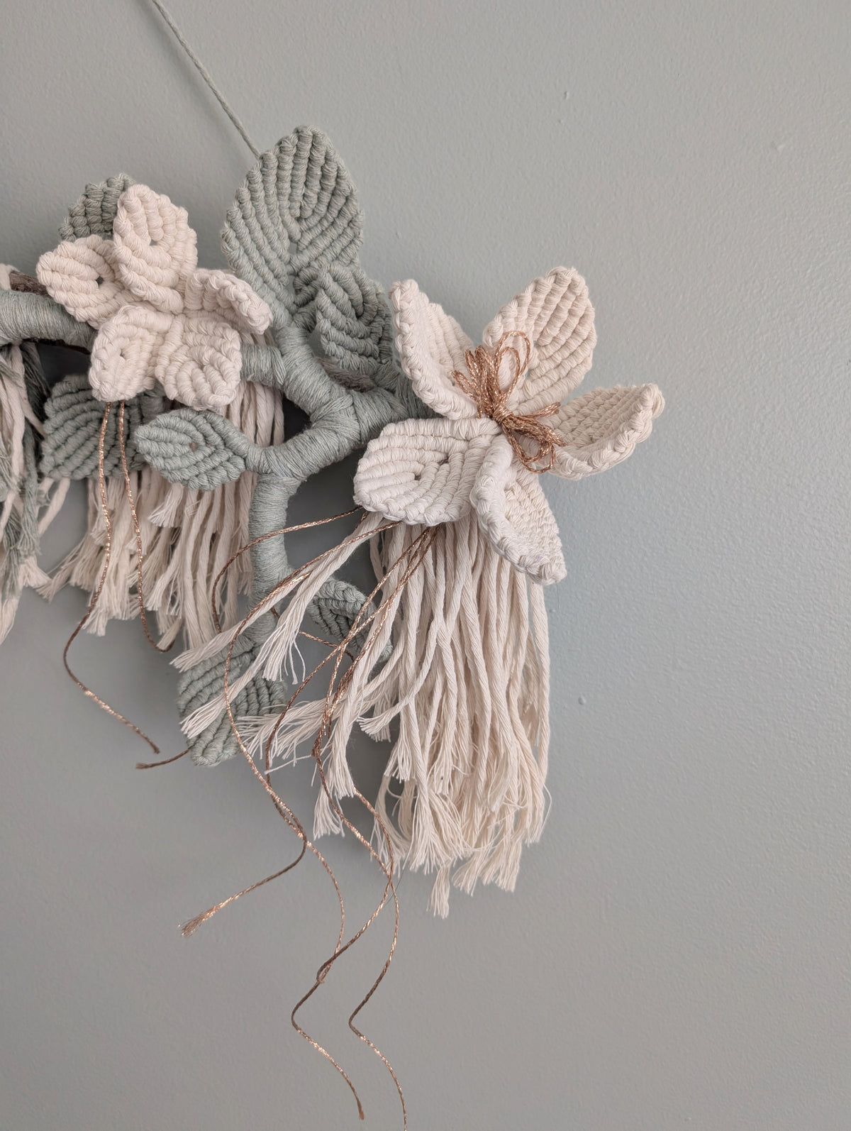 Macrame Boho Floral Wall Hanging Sculpture - Cream & Sage & Rose Gold
