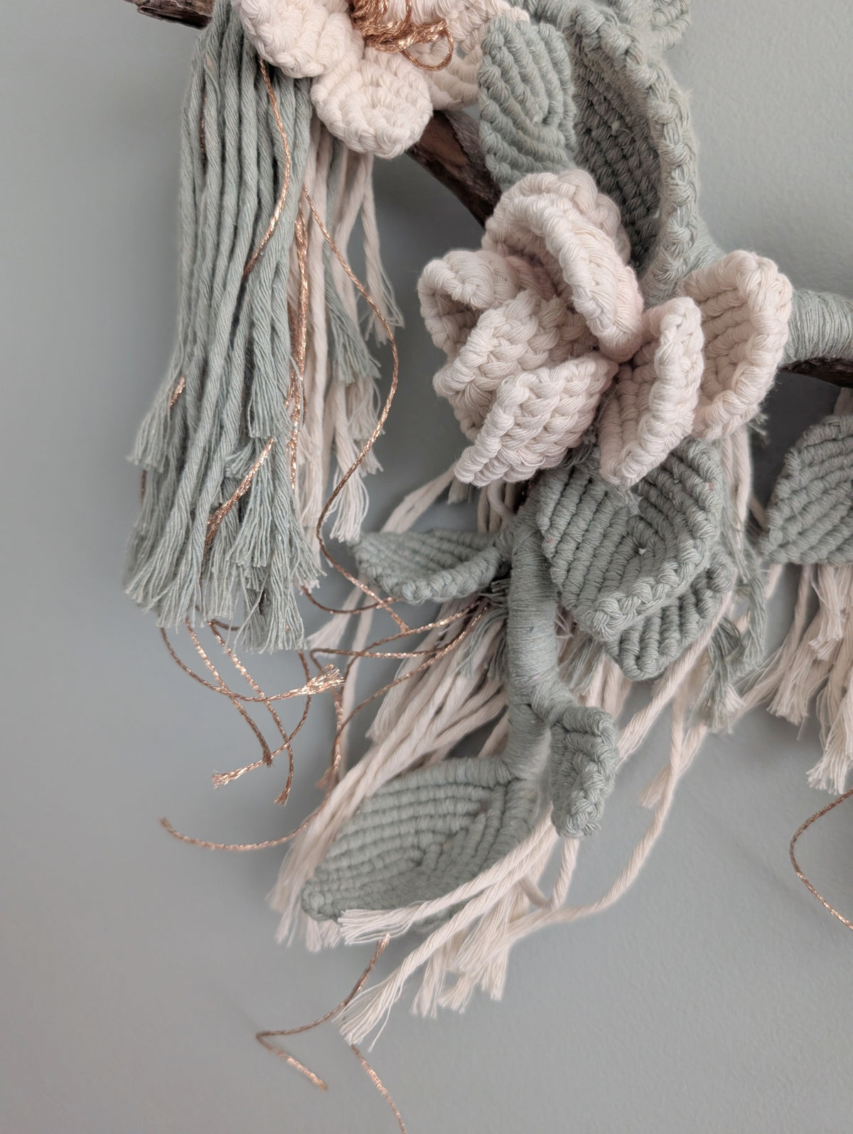 Macrame Boho Floral Wall Hanging Sculpture - Cream & Sage & Rose Gold