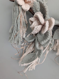 Macrame Boho Floral Wall Hanging Sculpture - Cream & Sage & Rose Gold
