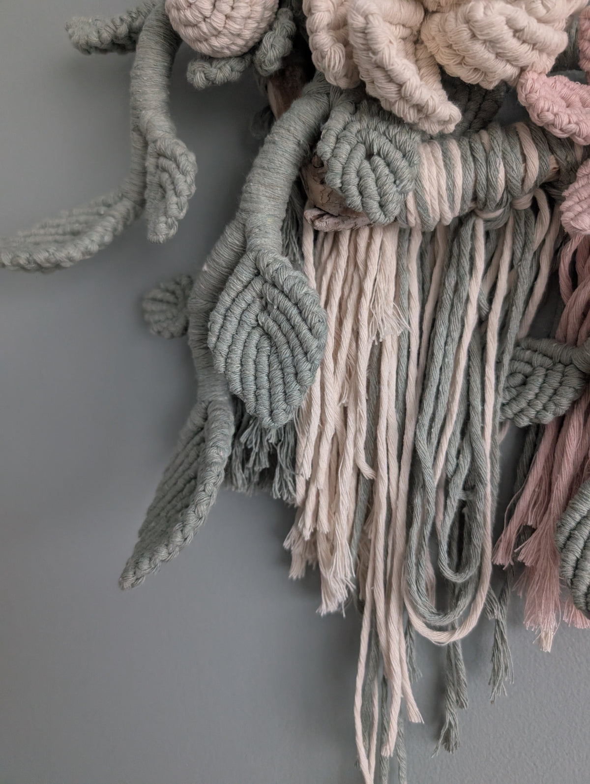 Macrame Boho Floral Wall Hanging Sculpture - Cream, Pink & Sage