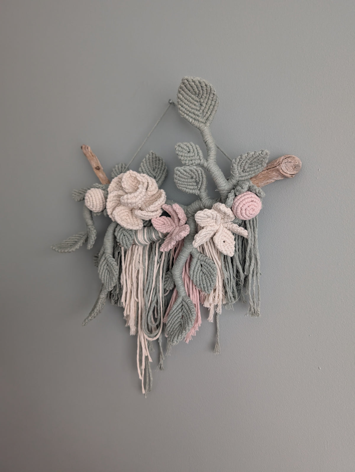 Macrame Boho Floral Wall Hanging Sculpture - Cream, Pink & Sage