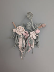 Macrame Boho Floral Wall Hanging Sculpture - Cream, Pink & Sage