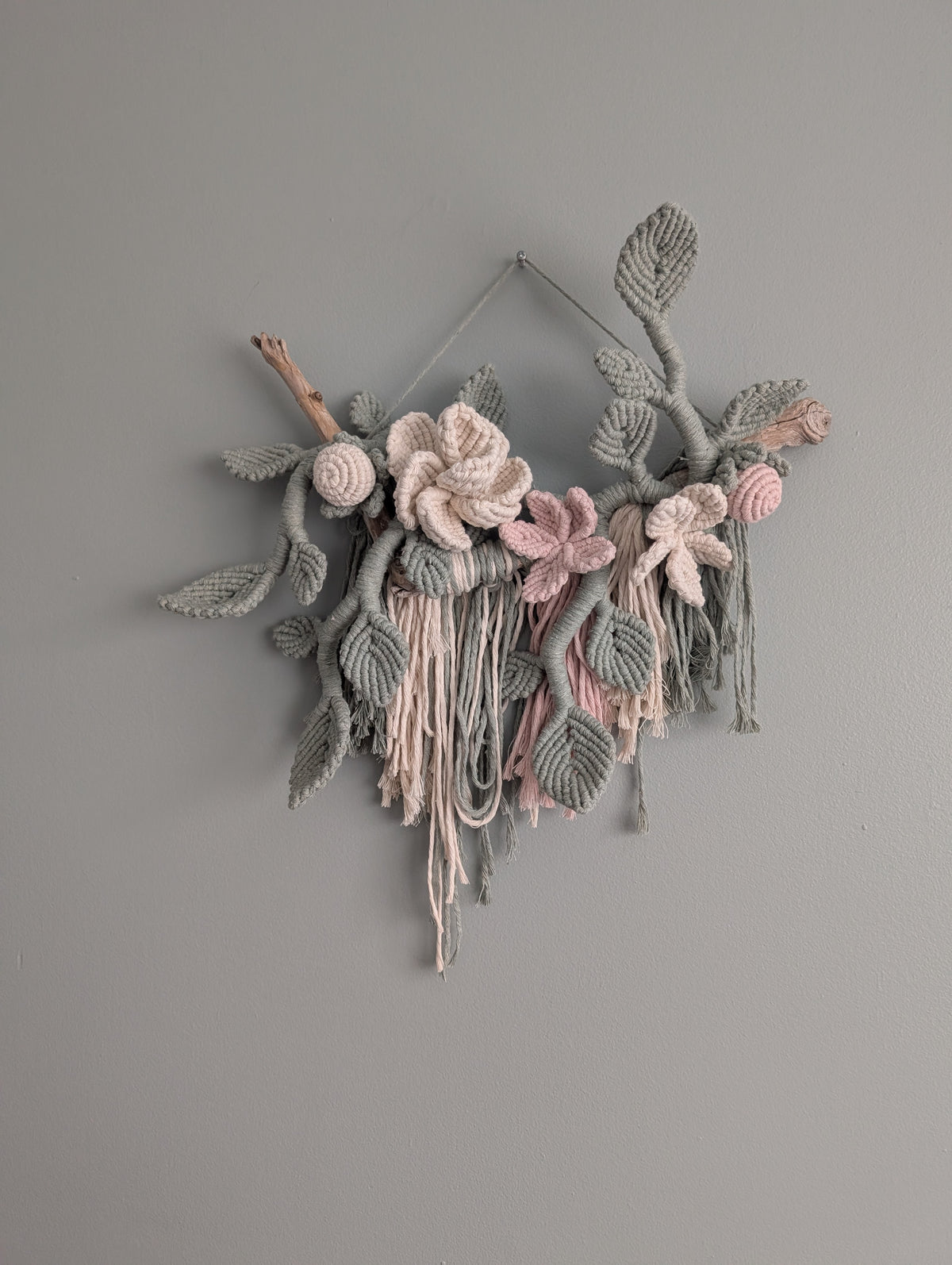 Macrame Boho Floral Wall Hanging Sculpture - Cream, Pink & Sage