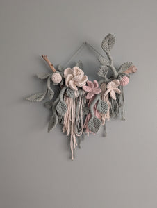 Macrame Boho Floral Wall Hanging Sculpture - Cream, Pink & Sage