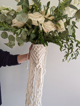 Load image into Gallery viewer, Macrame Wedding Bouquet Wrap in Bright White String Theories Fiber Design
