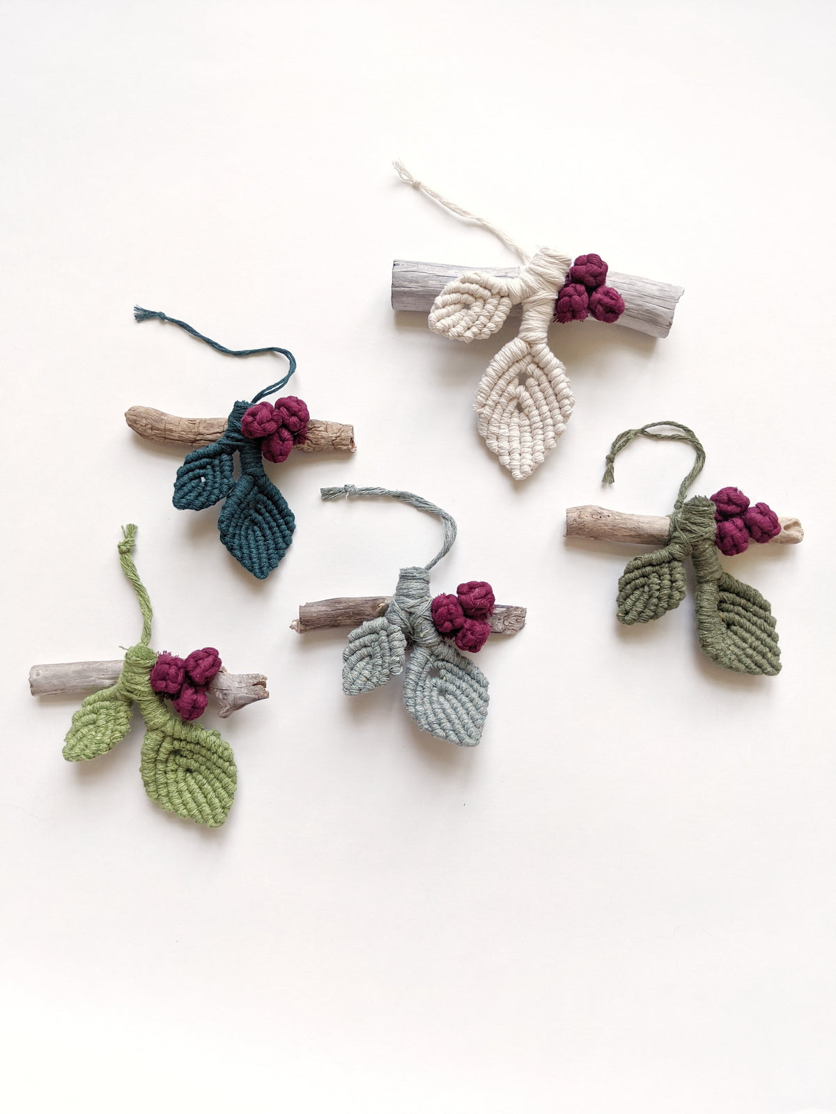 Macrame Leafy Ornaments on Driftwood